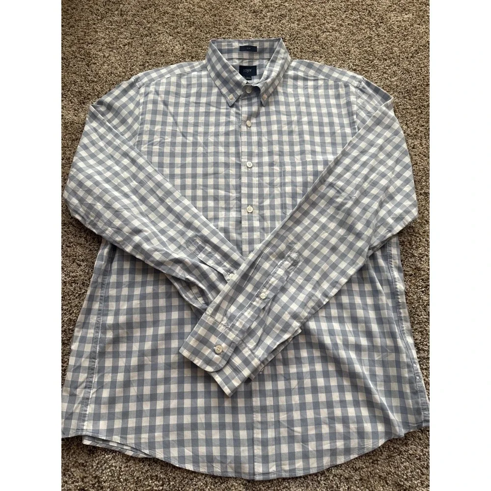J Crew Slim Fit Blue White Gingham‎ Check Button Down Shirt Men's Size Large